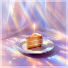 Poster - Slice of Birthday Joy: A Single Cake Piece with Candle on a Plate in a Dreamy, Colorful, and Sparkling Setting.