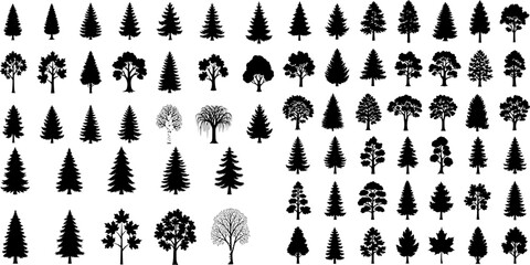 Wall Mural - Simple black icons of various coniferous and deciduous trees, depicted as elegant silhouettes, make for beautiful decorative plant graphics