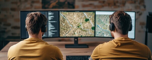 Poster - Two people with headphones analyze digital maps on large computer monitors in a modern workspace.