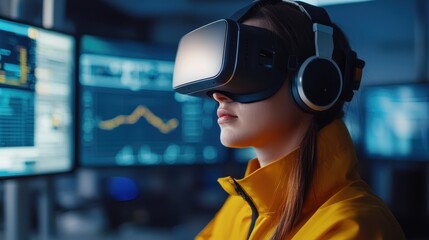 Poster - A woman in a yellow jacket uses a virtual reality headset in a high-tech environment with data screens in the background.