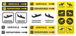© frank - Take off and landing Plane icon symbol set. Arrivals, departures Flight transport sign logo. Airplane vector image. Travel flat illustration. Isolated on yellow background.