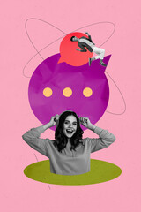 Poster - Sketch vertical photo art collage of happy girl guy stand bubble communication speech dialogue phrase chatterbox icon cloud