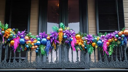 Wall Mural - railing is decorated with colorful ornaments and a large purple ornament. the railing is on a balcon