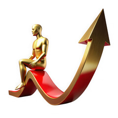 Fototapete - Gold man sitting on a rising arrow represents growth success and achievement with isolated transparent background