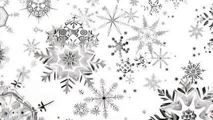 Wall Mural - Large collection of snowflakes are scattered across a white background. The snowflakes are of various sizes and shapes, creating a sense of depth and movement
