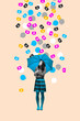 © master1305 - Notification Rain. Woman hides under umbrella while colorful social icons pour like rain from sky. Symbol of digital overload and burnout. Concept of social media, balance, detox. Surreal art collage