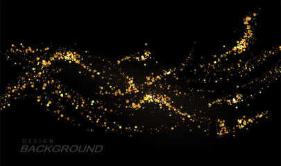 Wall Mural - Isolated design element, chaotic wavy golden tinsel pattern on black background.