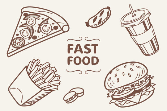 Hand-drawn illustration of assorted fast food items pizza burger fries soda and sausage with fast food text