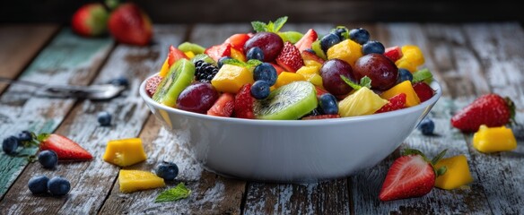 Wall Mural - The colorful fruit salad with an assortment of fresh berries and tropical fruits.
