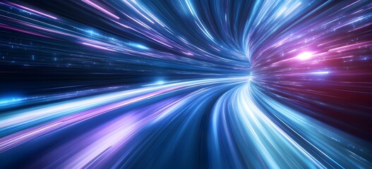 Fototapete - Abstract blue and purple speeding light background with curved lines, a technology theme concept.