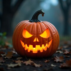 Wall Mural - spooky pumpkin with glowing eyes sitting in the middle of a corn maze on a dark Halloween night.