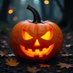 Wall Mural - spooky pumpkin with glowing eyes sitting in the middle of a corn maze on a dark Halloween night.