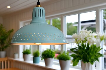 Poster - Light blue hanging lamp illuminating plants by window in home