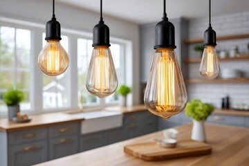Poster - Four edison light bulbs hanging in a modern kitchen
