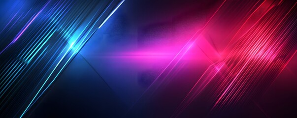 Poster - Abstract blue background with colorful neon light rays and speed lines, empty space in the center, dark background, vector illustration.
