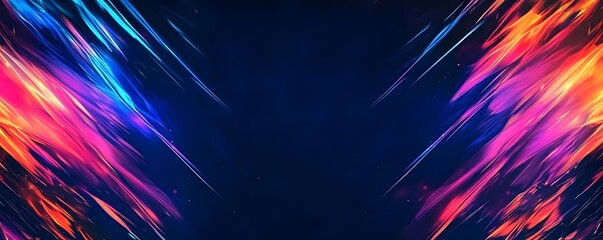 Poster - Abstract blue background with colorful neon light rays and speed lines, empty space in the center, dark background,