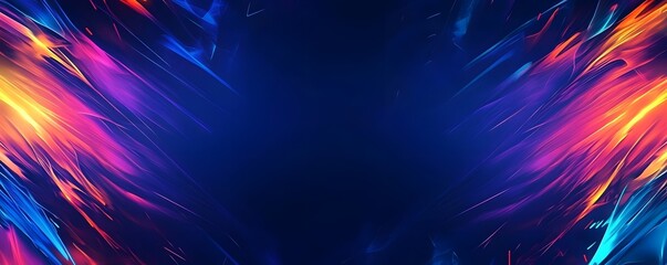 Poster - Abstract blue background with colorful neon light rays and speed lines, empty space in the center, dark background,