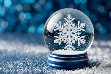 Poster - Snow globe showing snowflake on sparkling blue background symbolizing winter holidays