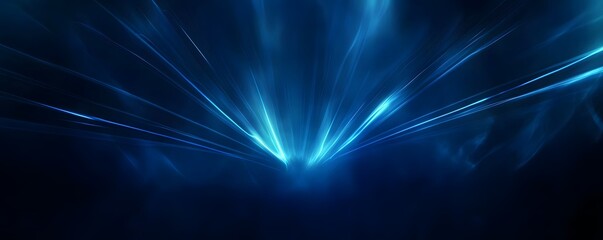 Poster - Abstract blue background with colorful neon light rays and speed lines, empty space in the center, dark background, vector illustration.