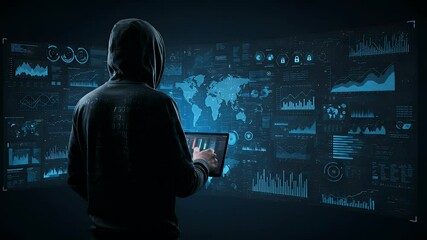 A hooded figure interacts with a digital interface displaying global data analytics and charts in a dark environment