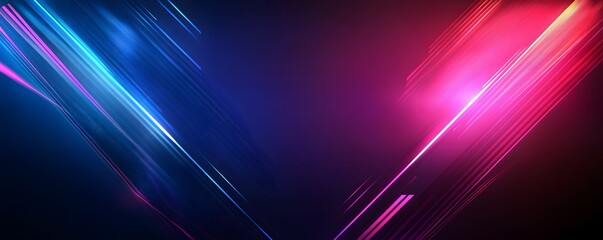 Poster - Abstract blue background with colorful neon light rays and speed lines, empty space in the center, dark background, vector illustration.