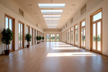 Aufkleber - Empty modern hall with skylights and wooden floor illuminating by sunlight