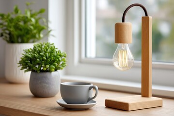 Poster - Modern wooden desk lamp illuminating cozy home office workspace