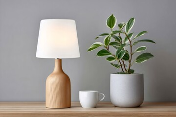 Poster - Modern wooden desk lamp illuminating a cozy home office space