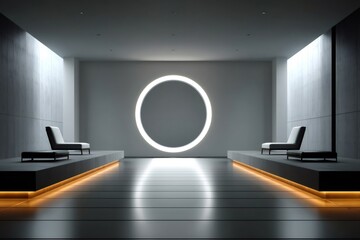 Poster - Modern minimalist interior with glowing circle and armchairs