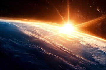 Wall Mural - The sun's rays illuminate the Earth, a vibrant blue planet.
