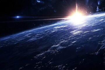 Wall Mural - A breathtaking view of a blue planet at sunrise from space.