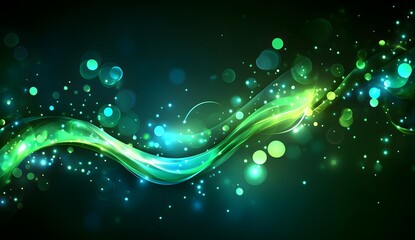 Fototapete - Abstract glowing green and blue waves on a dark background with bokeh lights, representing an energy flow