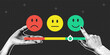 © Roman - Collage banner of feedback emoji with halftone hands. Customer satisfaction rating scale using emoticons, where cut out collage halftone hand points to the desired rating. Vector.