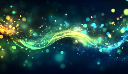 Fototapete - Abstract glowing blue and green energy waves on a dark background with a bokeh effect, a futuristic technology concept. Abstract glowing waves of light, flowing lines.