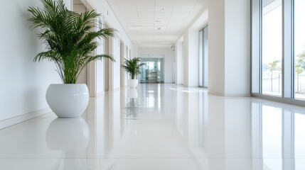 Poster - A sleek and modern hallway featuring beautiful indoor plants and bright, natural light filtering through the large windows, creating a fresh and inviting atmosphere.