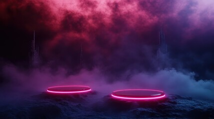 Poster - An abstract, futuristic scene featuring glowing neon circular elements amidst dark clouds, evoking a sense of mystery and imaginative environments and settings.