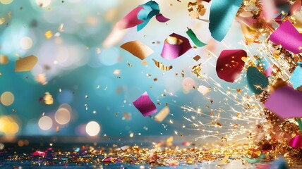 Poster - highlighting confetti swirling, gold glitter sparkling, blurred Colorful background jubilant party celebration