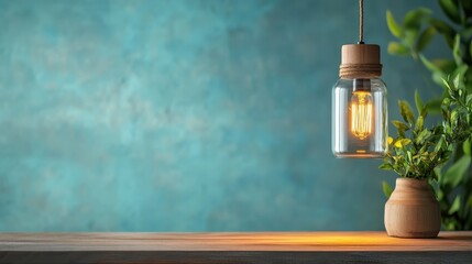 Poster - A stylishly designed hanging lantern casting warm light, complemented by greenery, creates a serene atmosphere in modern decor, inviting tranquility and charm into the indoor space.