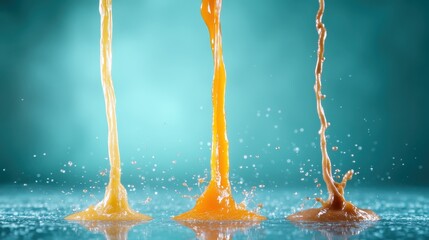 Poster - Three streams of vibrant colored liquid splash gracefully against a soft-focus background, capturing the beauty of movement and creativity in an abstract art form.