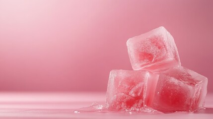 Poster - Three pink ice cubes slowly melting on a soft pink background, illustrating themes of freshness, coolness, and the beauty of fleeting moments in a vibrant aesthetic.