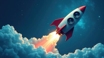 Wall Mural - Cartoon Rocket Launching Through Clouds