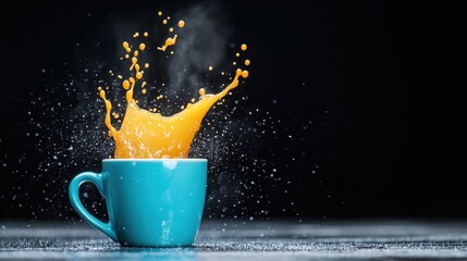 Poster - This dynamic photo captures the exhilarating splash of orange juice from a mug, masterfully freezing a moment of chaos that represents energy, vibrancy, and excitement in life.