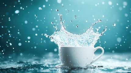 Poster - A white cup splashes water dramatically against a soft aqua backdrop, symbolizing freshness and purity, creating an eye-catching visual with dynamic movement and beauty.