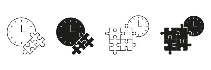 Aufkleber - Clock And Puzzle Piece Line And Solid Icon Set. Time Management, Problem Solving, Strategic Planning Silhouette Symbol Collection. Concept Of Efficiency And Organization. Isolated Vector Illustration