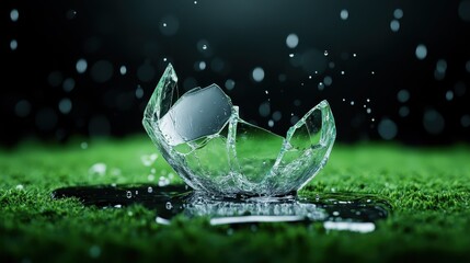 Poster - This stunning image depicts a shattered glass piece creating a captivating splash, highlighting the contrast between fragile glass and the vibrant green grass beneath it.