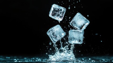 Poster - Four ice cubes splash dramatically into water against a dark background, capturing the feel of freshness and coolness in this striking stock image.