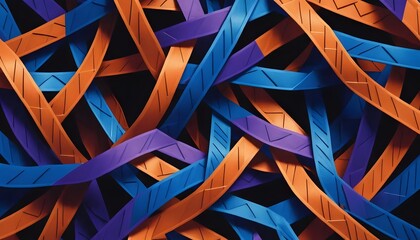 Aufkleber - An abstract close up of interwoven orange blue and purple textured plastic strips on a dark background