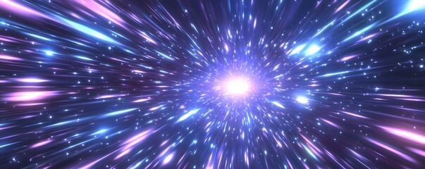 Fototapete - Lightspeed background with blue and purple lights for a technology or digital concept. Vector illustration of fast light lines on a dark space, 