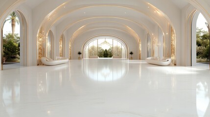 Aufkleber - This beautiful space features elegant white interiors with arched architecture, creating a serene atmosphere perfect for modern living or artistic events and gatherings.