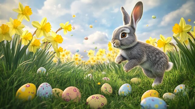 A playful bunny hopping through a field of yellow daffodils with scattered Easter eggs in the grass